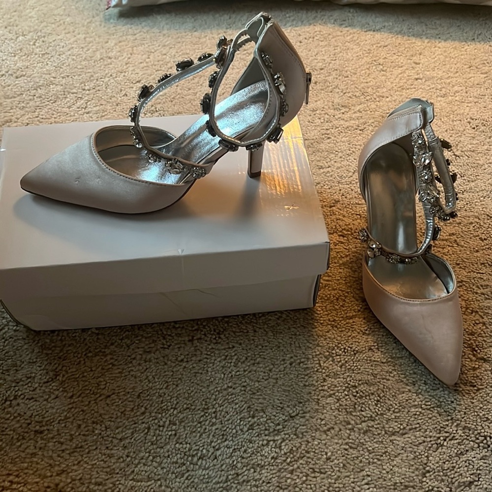 Anna's Bridal Women's Pointed Toe High Heels Pumps Ankle champagne color